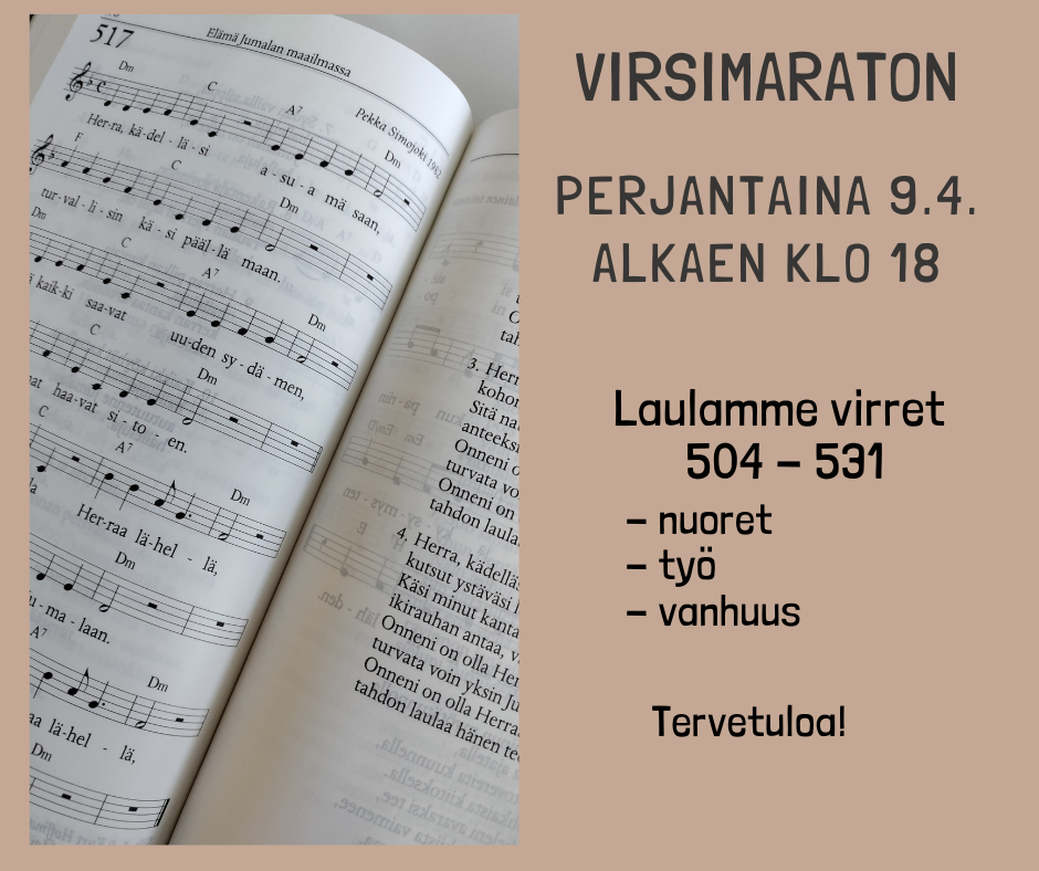 VIRSIMARATON Virsikirjan aukeama ja tekstissä tiedot tilaisuuden ajankohdasta.